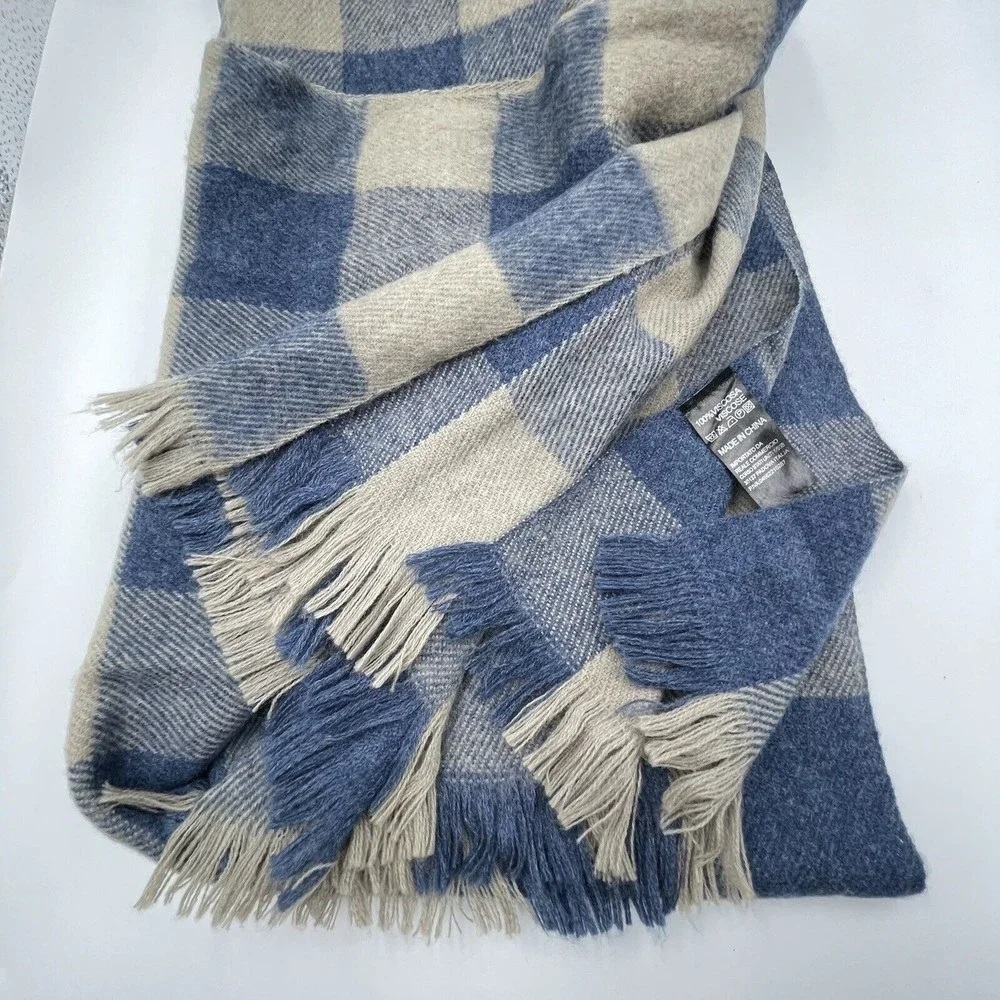 Unisex Fringe Scarf Blue Beige Viscose Plaid Long Rectangular 82 X 24.5 Inches